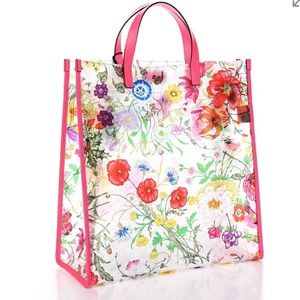 GUCCI Calfskin Vinyl Flora Tote Fluoro Fuchsia